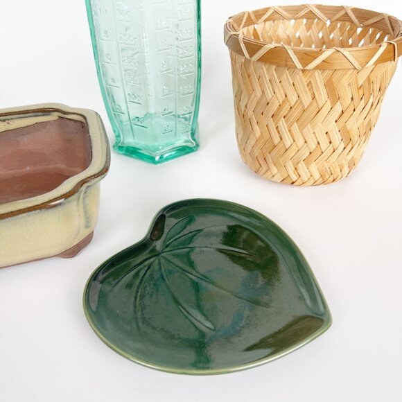 4 Piece Coastal Plant Lovers Bundle Eclectic Vase Pot Planter Leaf Ceramic Glass - Picture 4 of 5